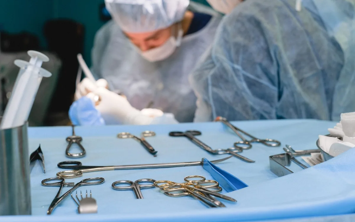 Sterilised surgical instruments laid out on a tray before an operation