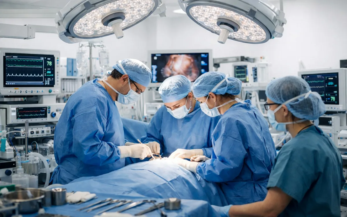 Surgical team working under theatre lights beside patient monitoring equipment