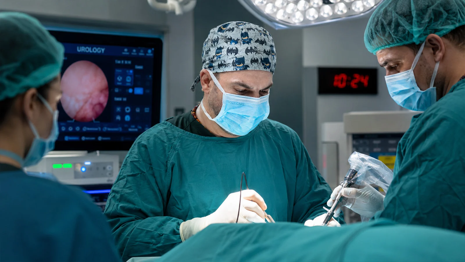 Assoc. Prof. Dr. Z&uuml;lf&uuml; Sertkaya operating with his urology team, endoscopic monitor in view